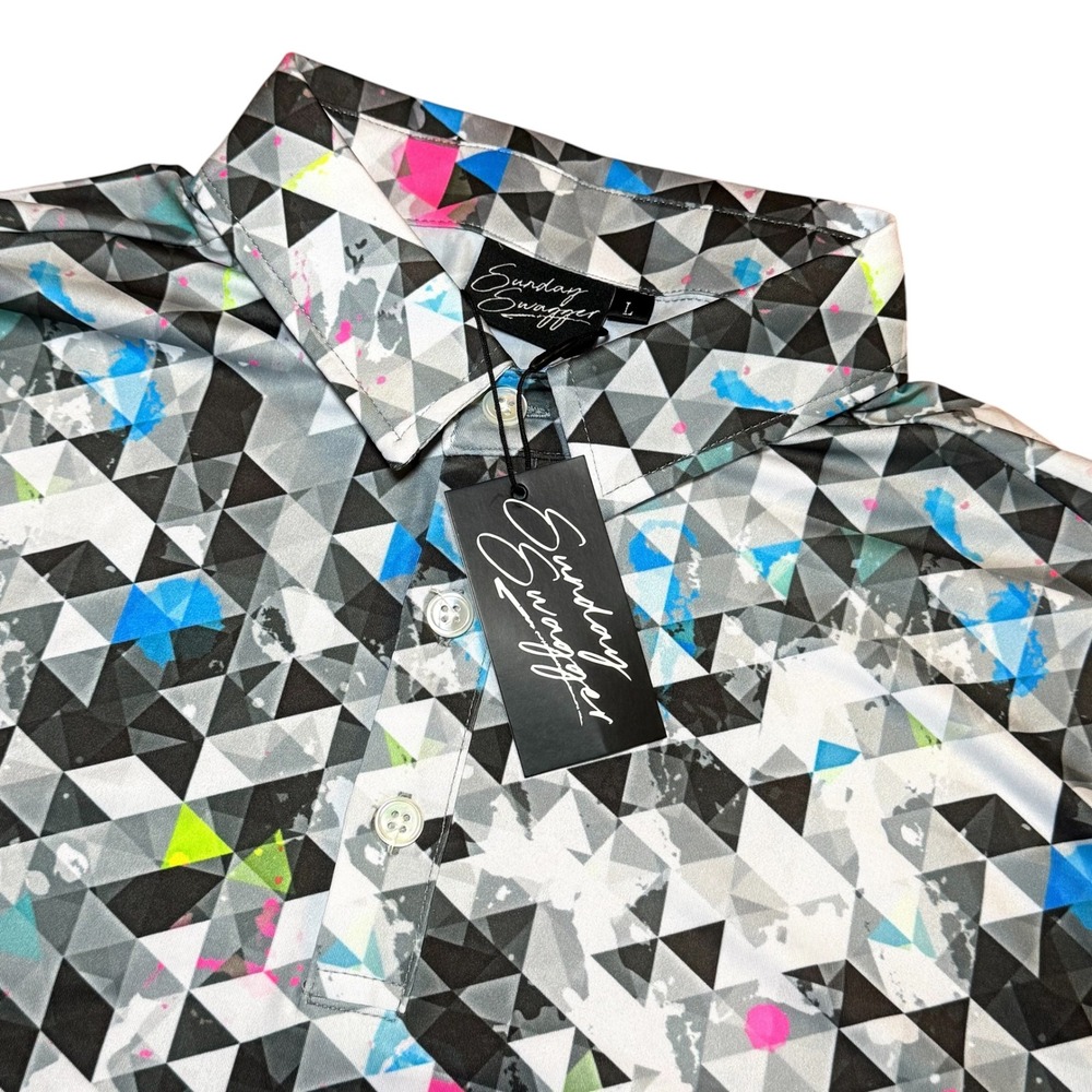 Sunday Swagger Mens Large Geometric Triangle Golf Polo Shirt Neon Splatter Grey